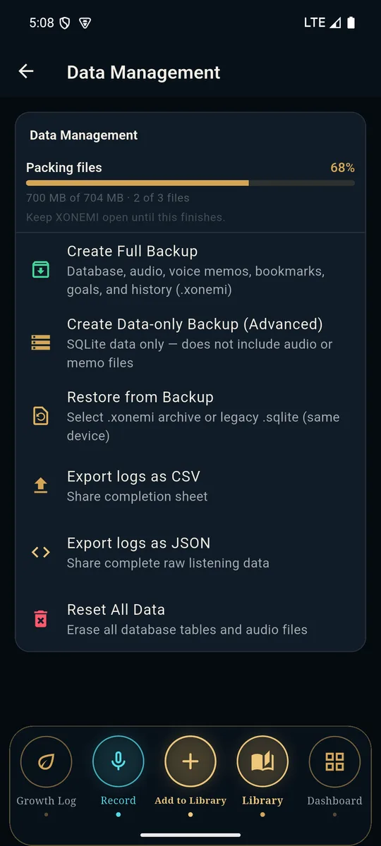A backup in progress, showing 68 percent, 700 MB of 704 MB, and two of three files packed.