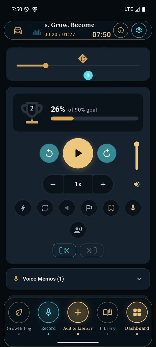 The XONEMI player: a coverage trophy showing 26% of a 90% goal, a large play button between two circular seek arrows, and a timeline carrying a bookmark and a voice memo.