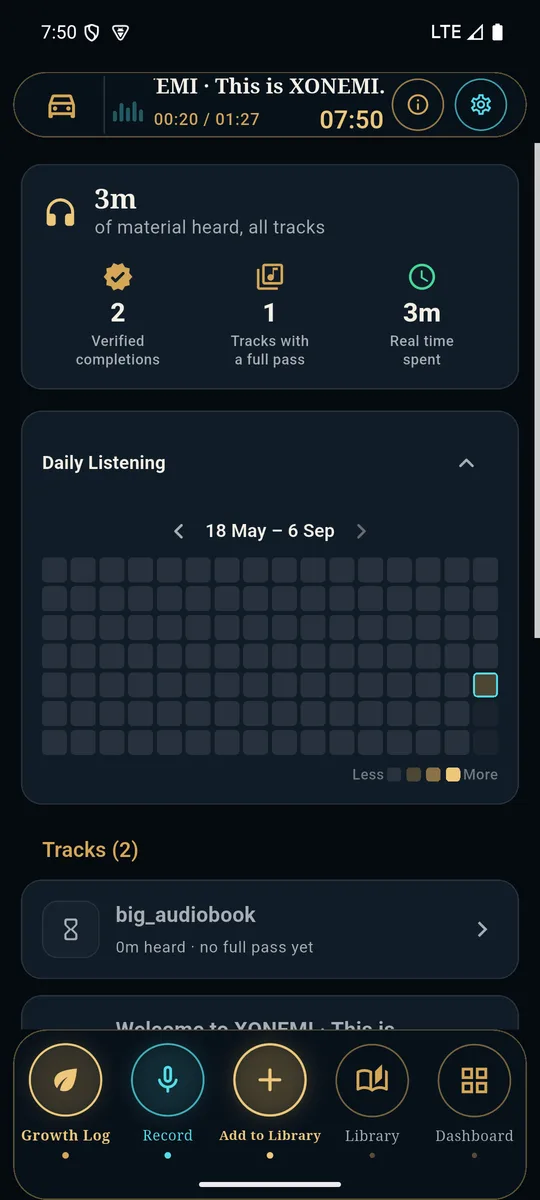 The growth log: total heard, verified completions, and a grid of daily listening blocks.