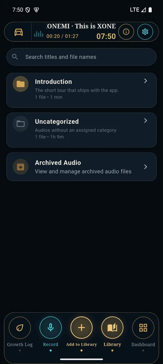 The library, with a search field and category folders.